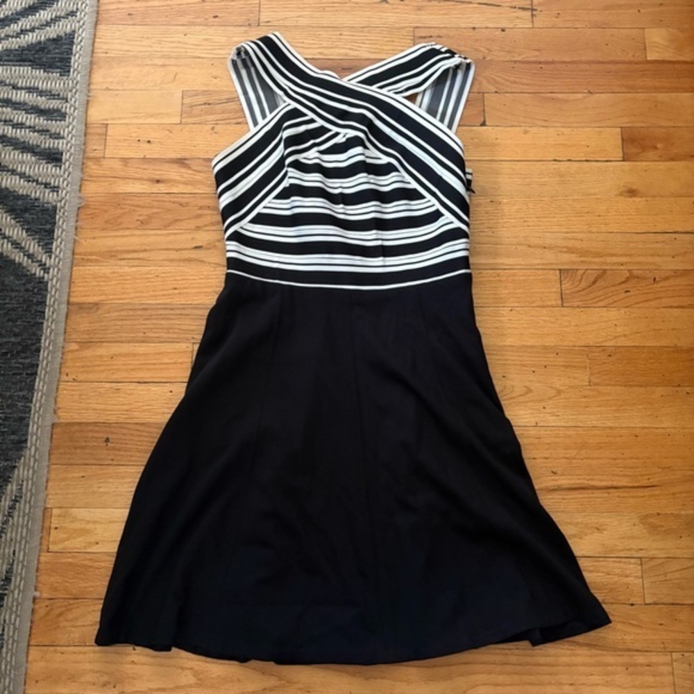 Anthropologie Maeve Cross Top Black Striped Dress Size 8